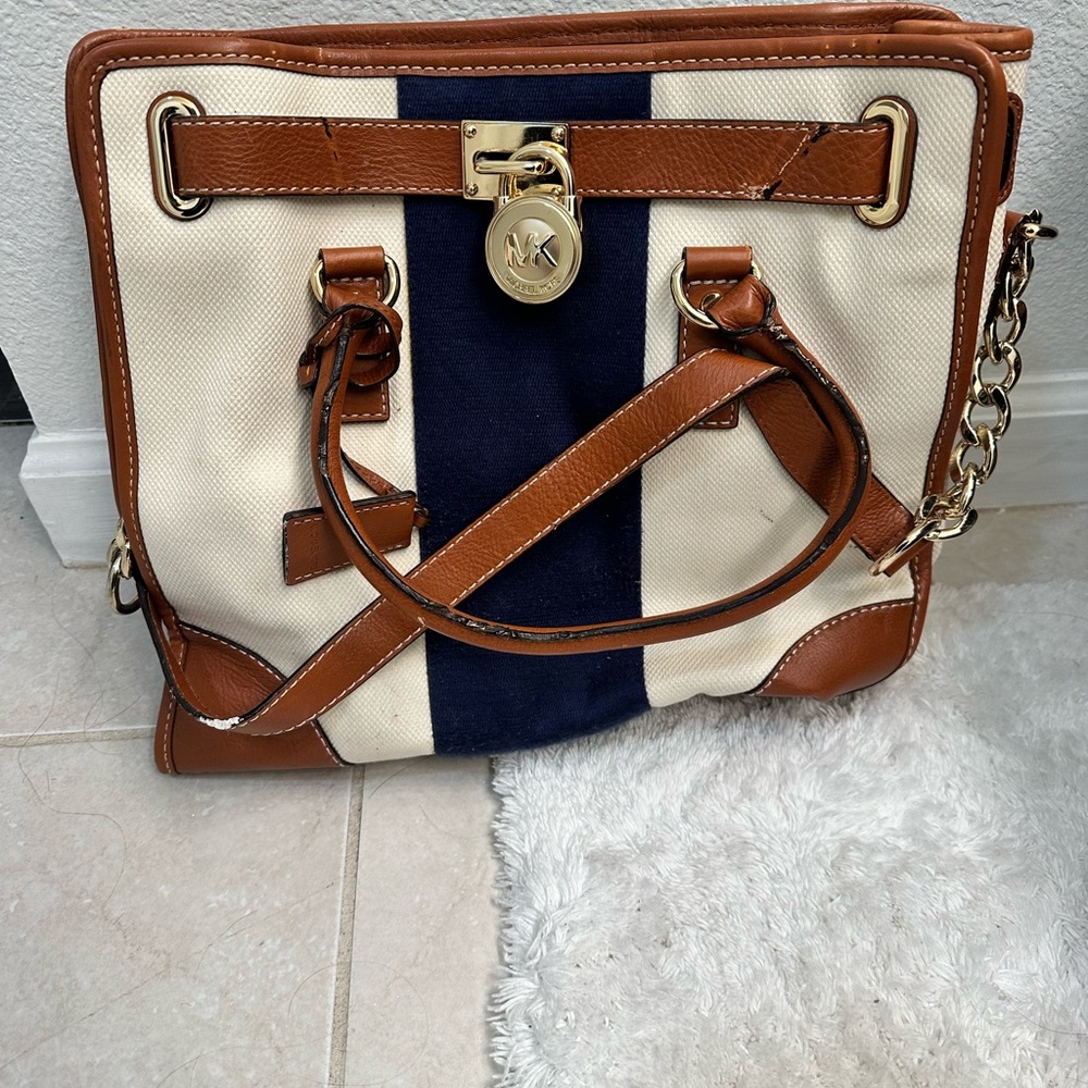 Michael Kors Brown and Cream Tote with Navy Accent